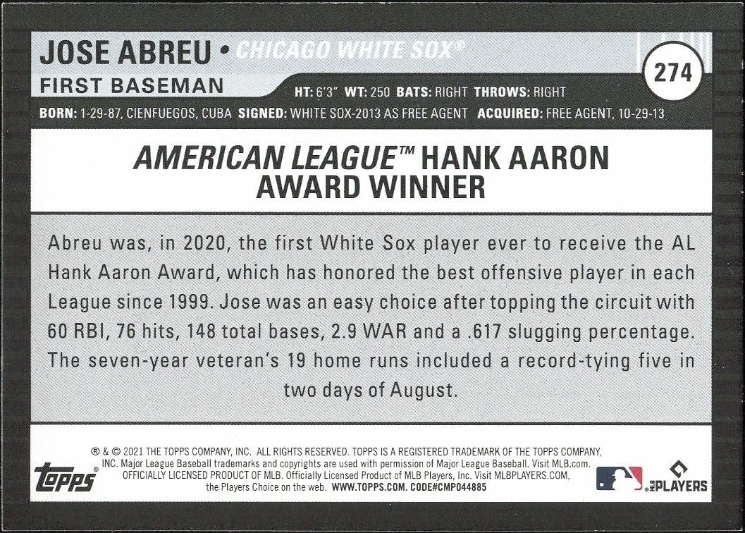2021 Topps Big League Jose Abreu #274 baseball trading card back