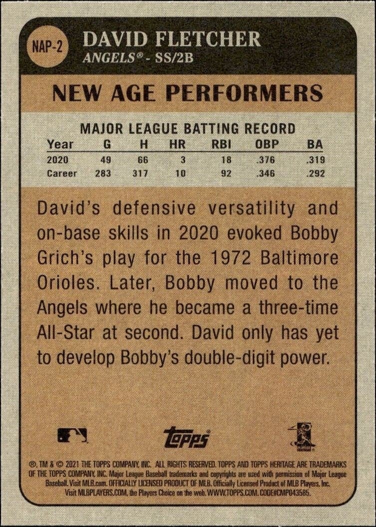 2021 Topps Heritage David Fletcher #NAP-2 baseball trading card back