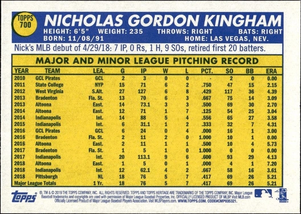 2019 Topps Heritage High Number Nick Kingham #700 baseball trading card back