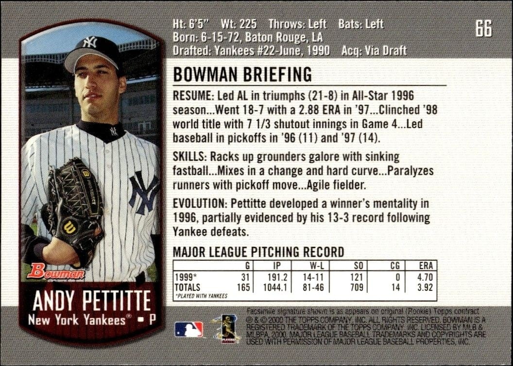 2000 Bowman Andy Pettitte #66 baseball trading card back