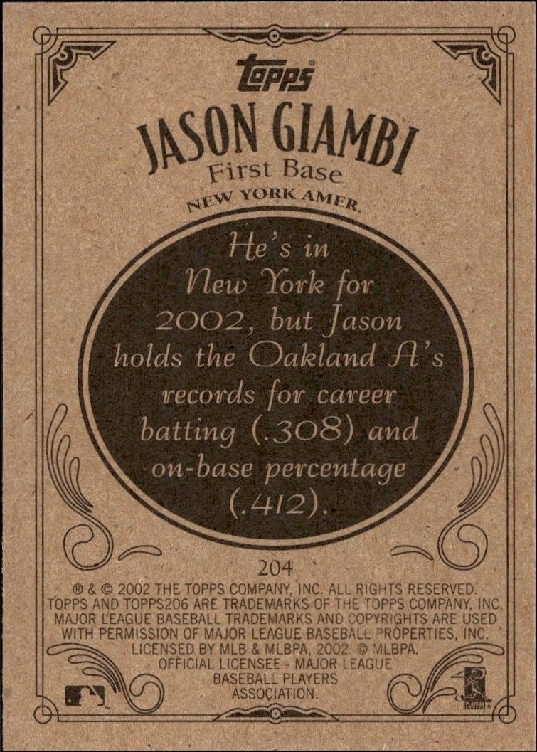 2002 Topps T206 Jason Giambi #204C baseball trading card back