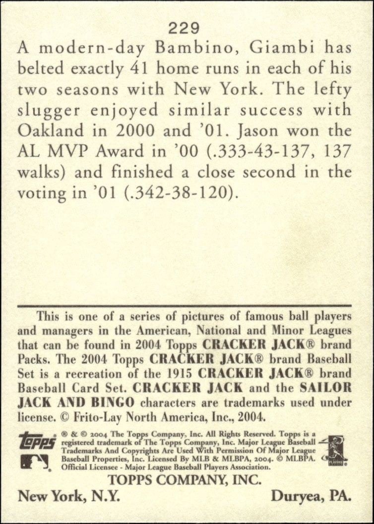 2004 Topps Cracker Jack Jason Giambi #229 baseball trading card back