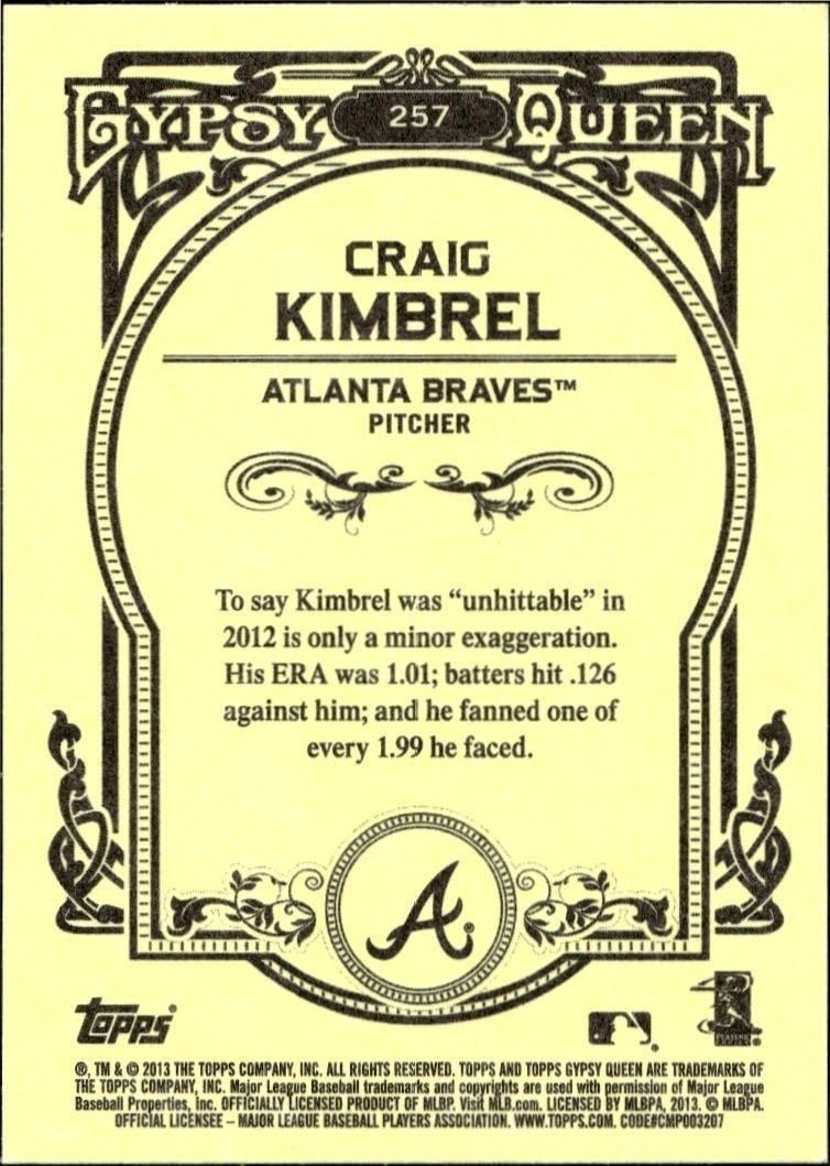 2013 Topps Gypsy Queen Craig Kimbrel #257 baseball trading card back