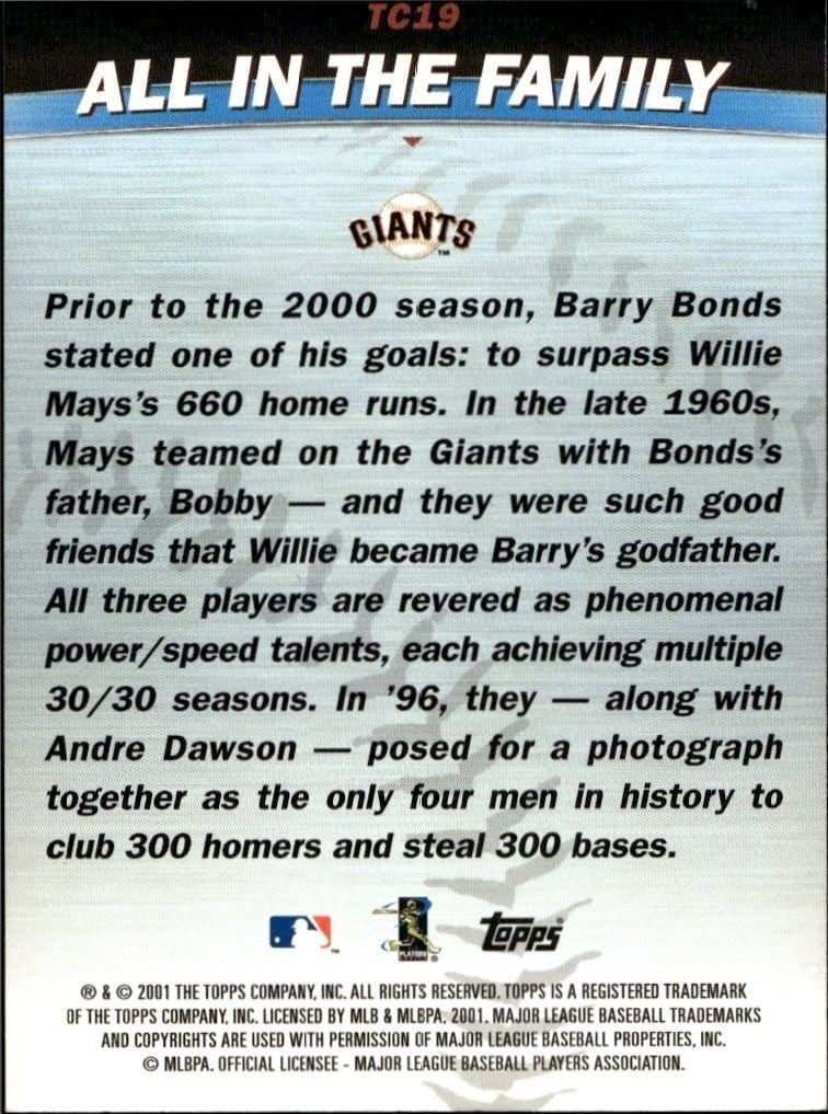 2001 Topps Barry Bonds #TC19 baseball trading card back