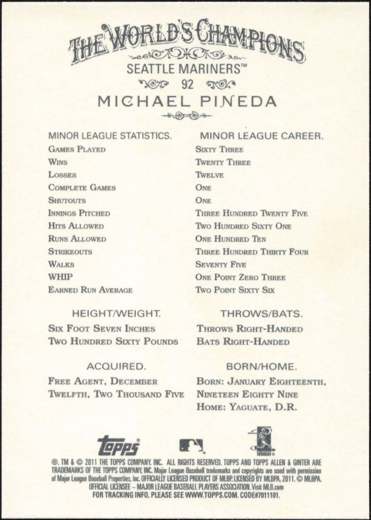 2011 Topps Allen & Ginter Michael Pineda #92 baseball trading card back