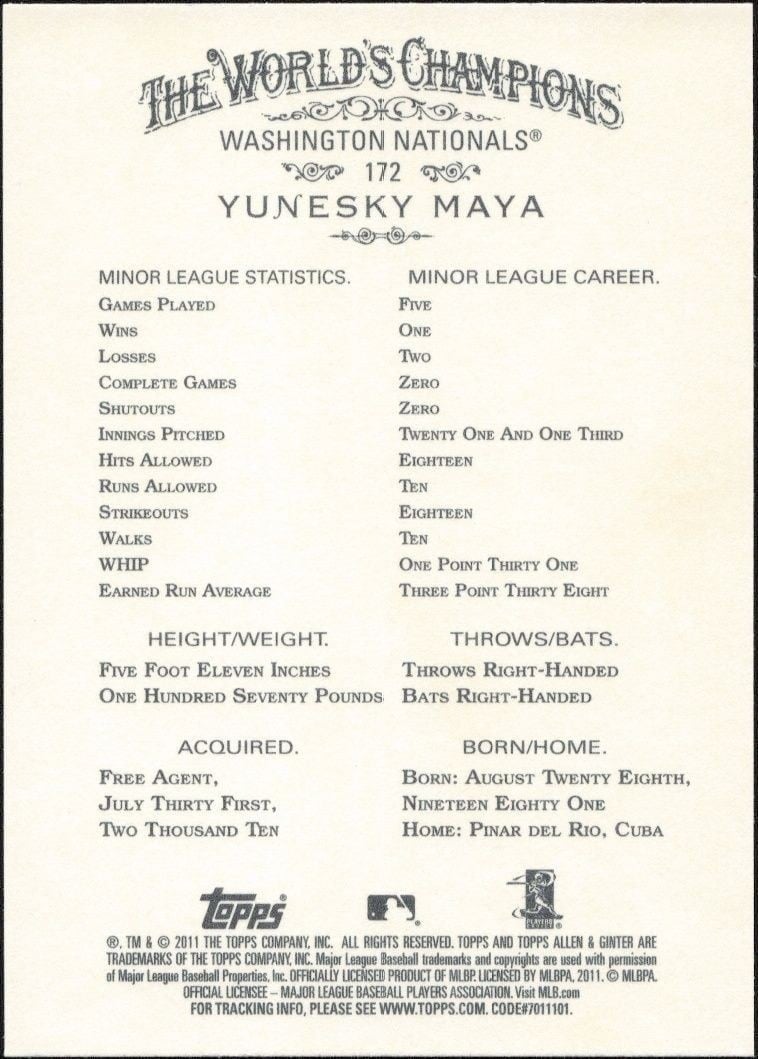 2011 Topps Allen & Ginter Yunesky Maya #172 baseball trading card back