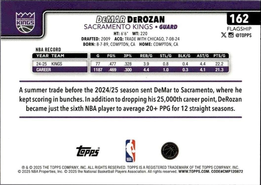 2024-25 Topps DeMar DeRozan #162 basketball trading card back