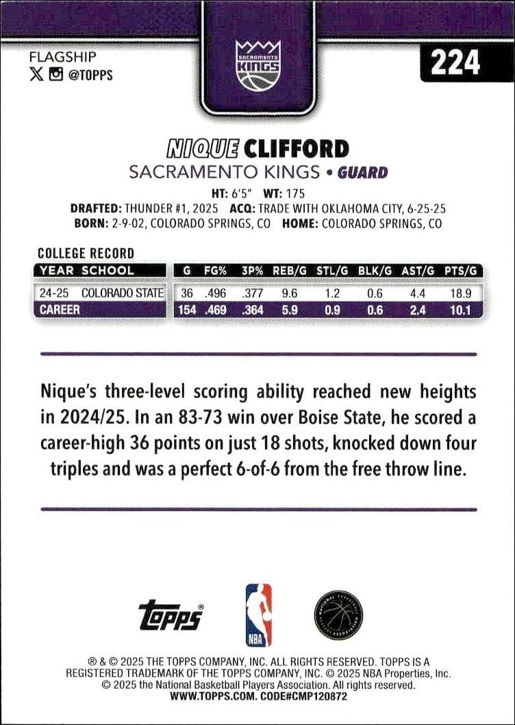 2025-26 Topps Nique Clifford #224 basketball trading card back