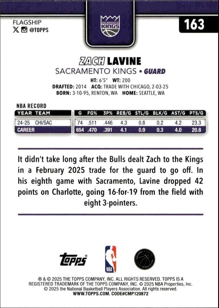 2025-26 Topps Zach LaVine #163 basketball trading card back