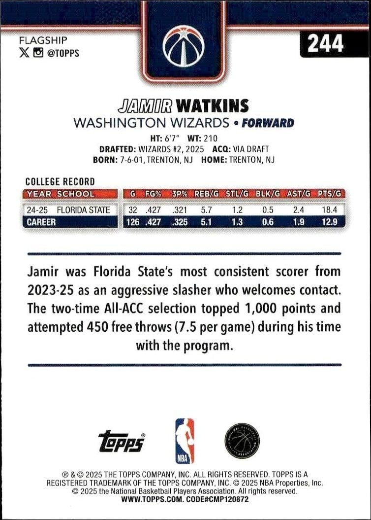 2025-26 Topps Jamir Watkins #244 basketball trading card back