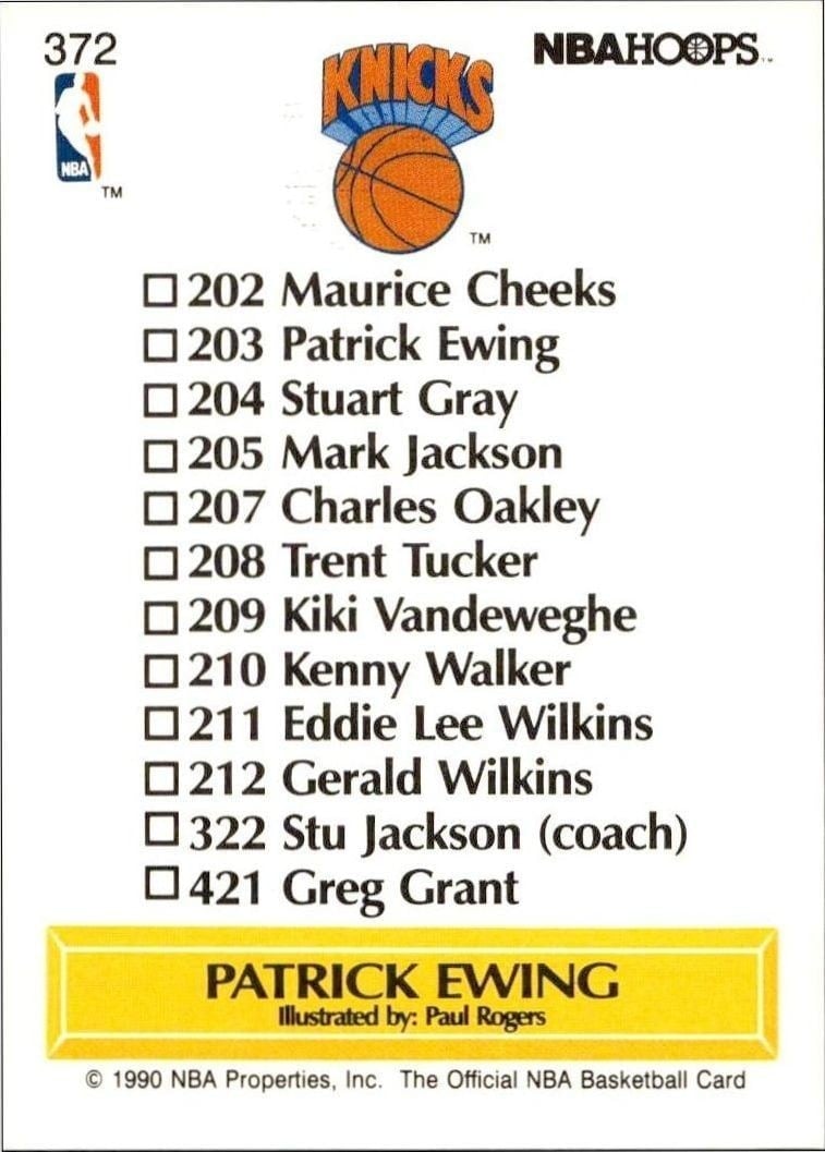 1990-91 Skybox NBA Hoops Patrick Ewing #372 basketball trading card back