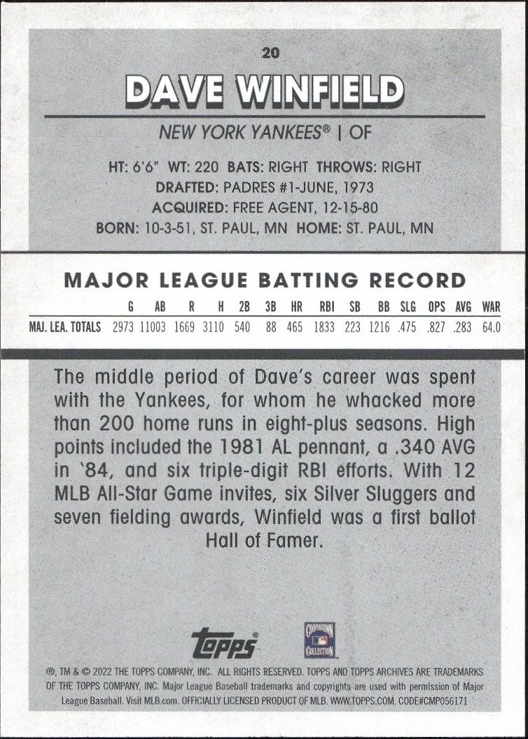 2022 Topps Archives Snapshots Dave Winfield #20 baseball trading card back