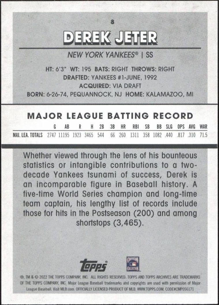 2022 Topps Archives Snapshots Derek Jeter #8 baseball trading card back