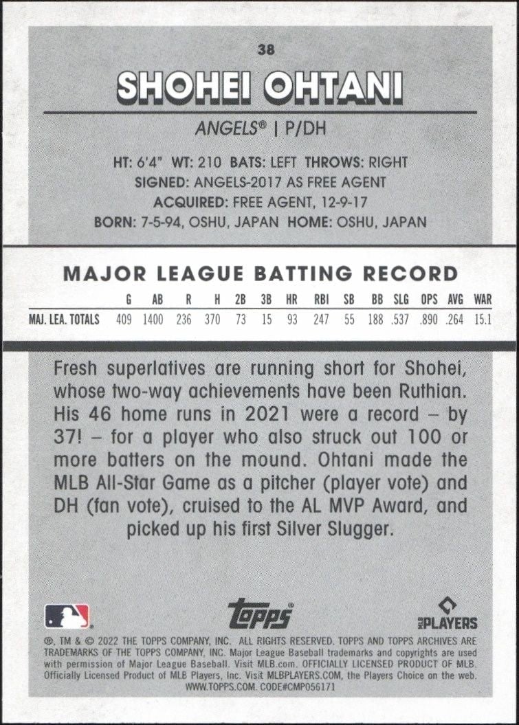 2022 Topps Archives Snapshots Shohei Ohtani #38 baseball trading card back