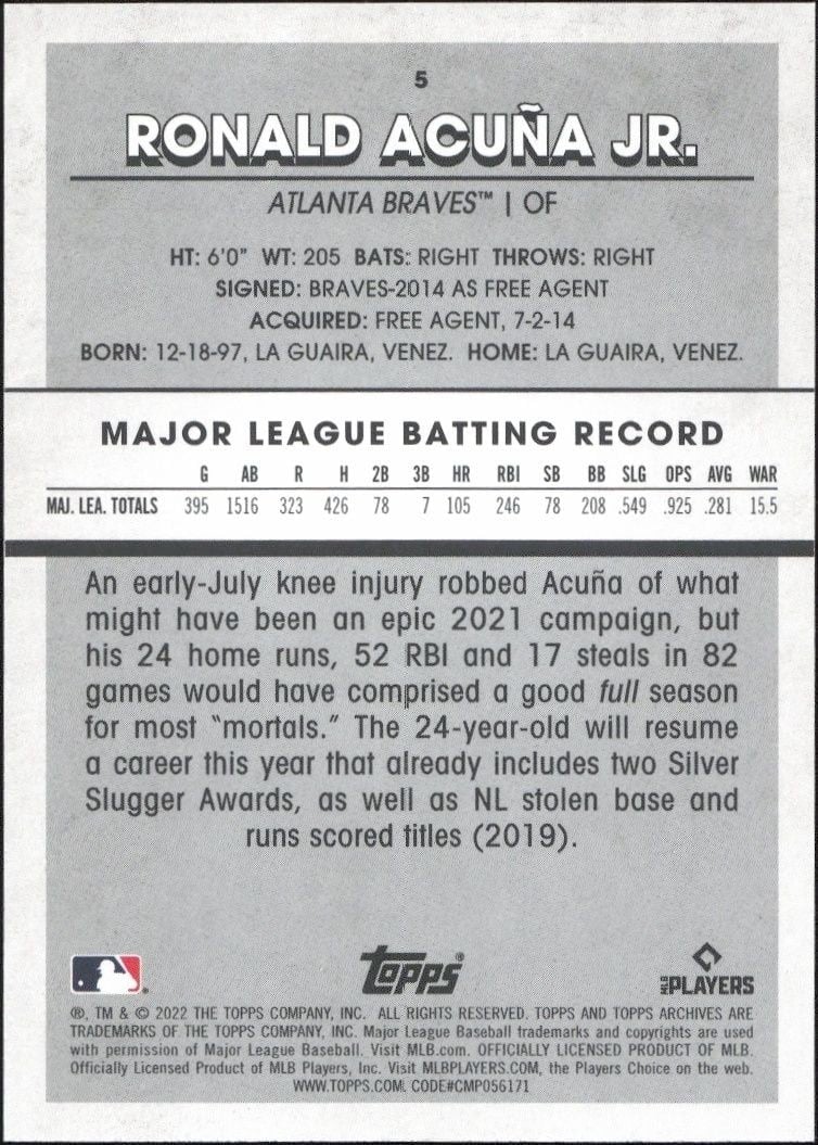 2022 Topps Archives Snapshots Ronald Acuña Jr. #5 baseball trading card back