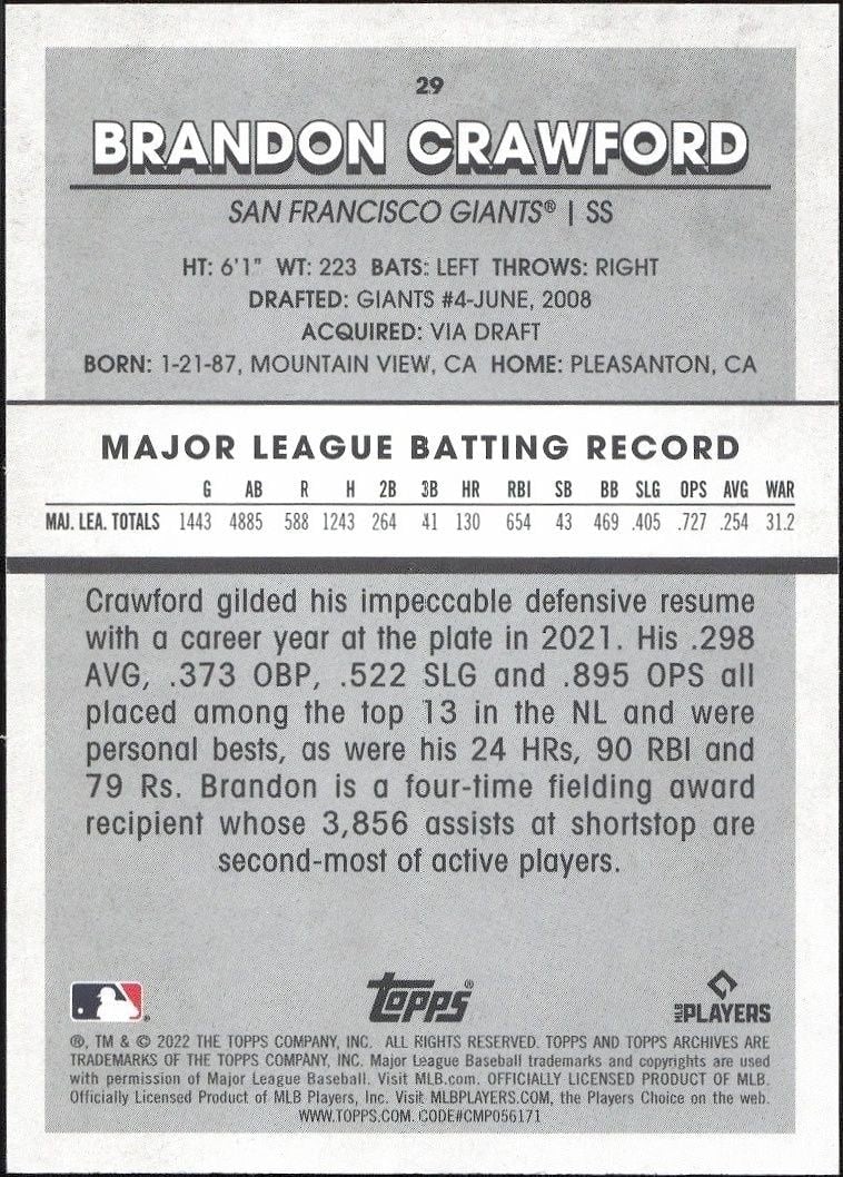 2022 Topps Heritage Brandon Crawford #29 baseball trading card back