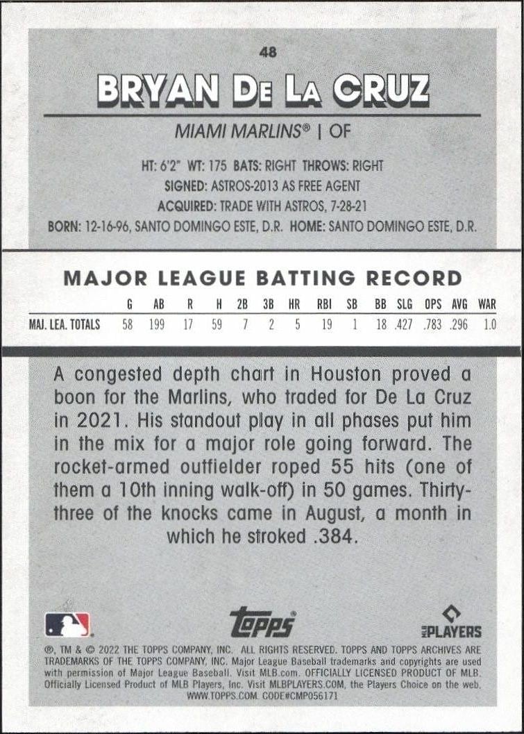 2022 Topps Archives Snapshots Bryan De La Cruz #48 baseball trading card back