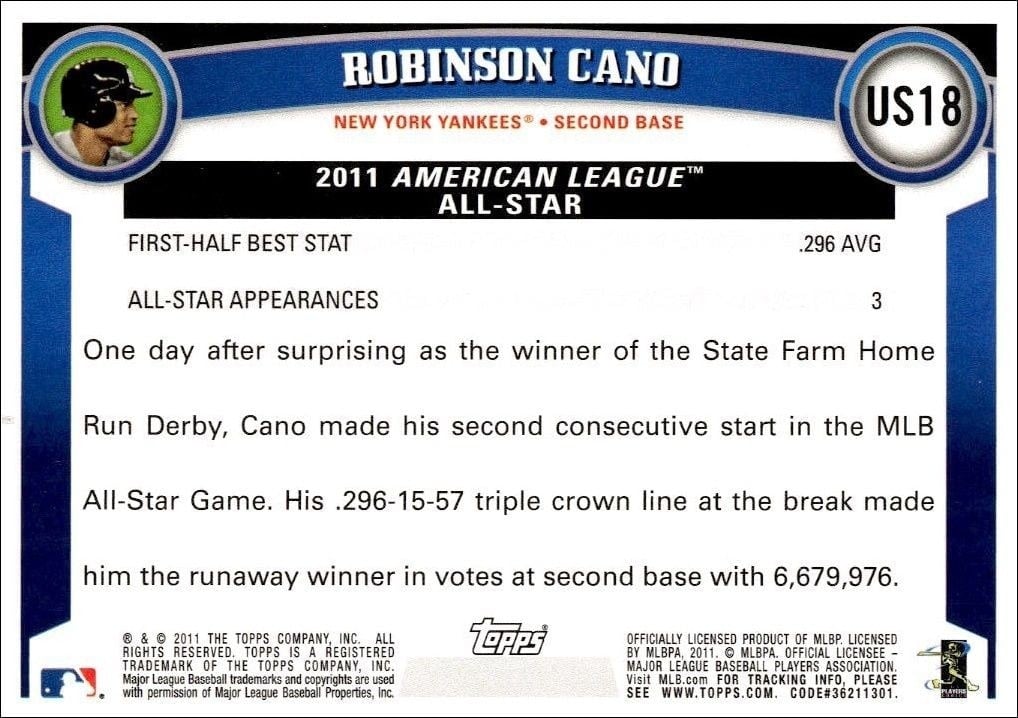 2011 Topps Update Series Robinson Cano #US18 baseball trading card back