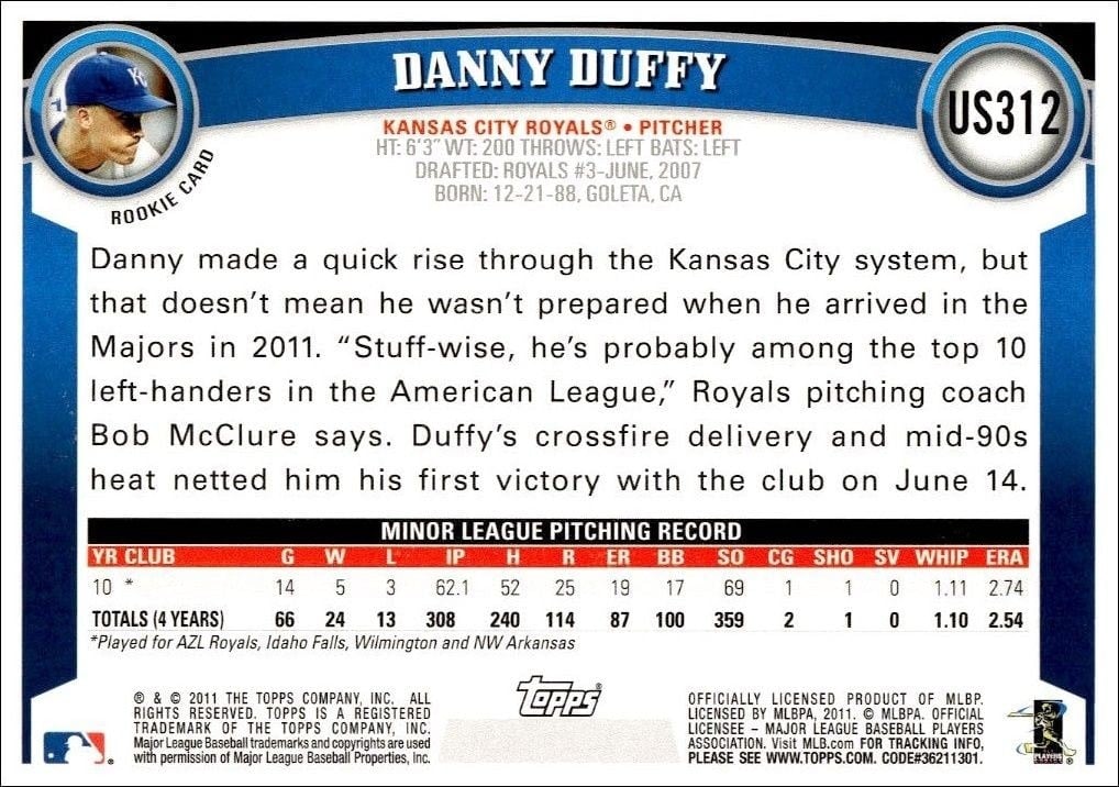 2011 Topps Update Series Danny Duffy #US312 baseball trading card back