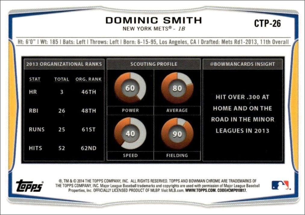 2014 Bowman Draft Dominic Smith #CTP-26 baseball trading card back