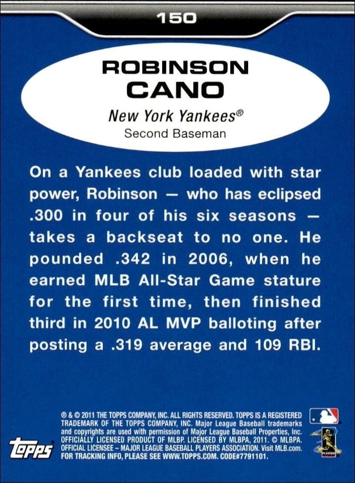2011 Topps Lineage Robinson Cano #150 baseball trading card back