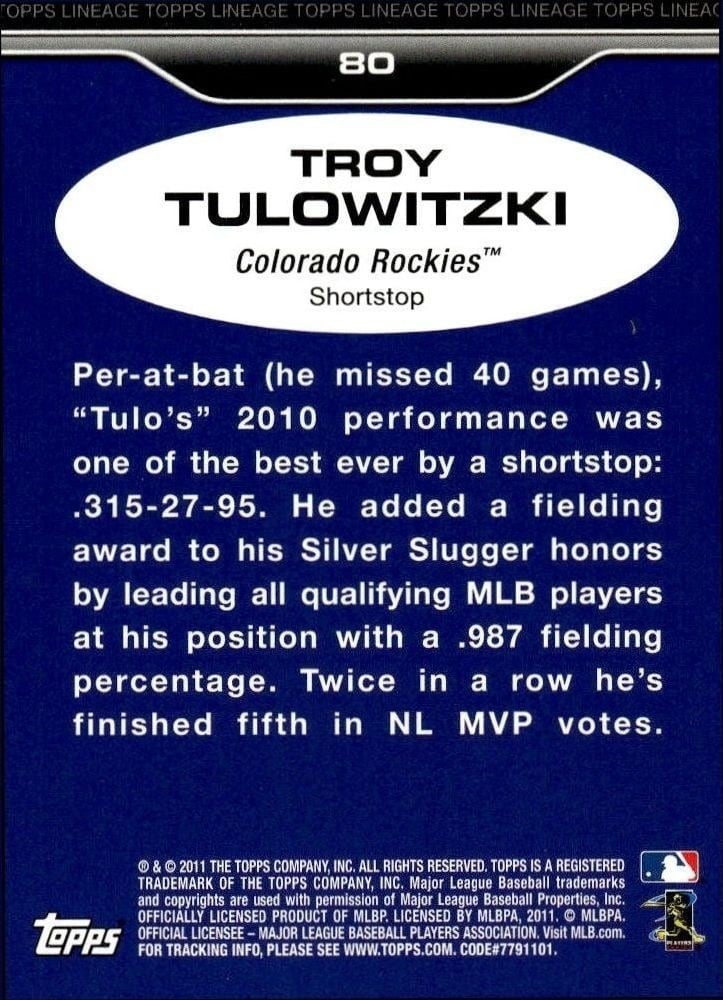 2011 Topps Lineage Troy Tulowitzki #80 baseball trading card back