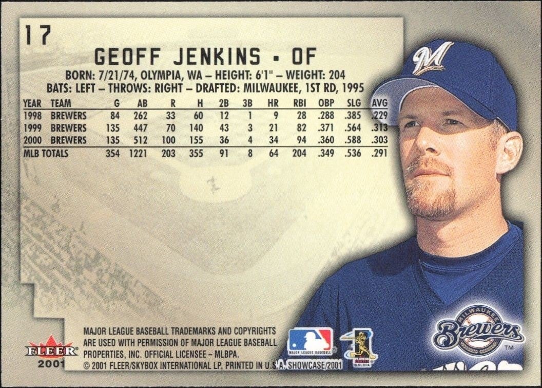 2001 Fleer Showcase Geoff Jenkins #17 baseball trading card back