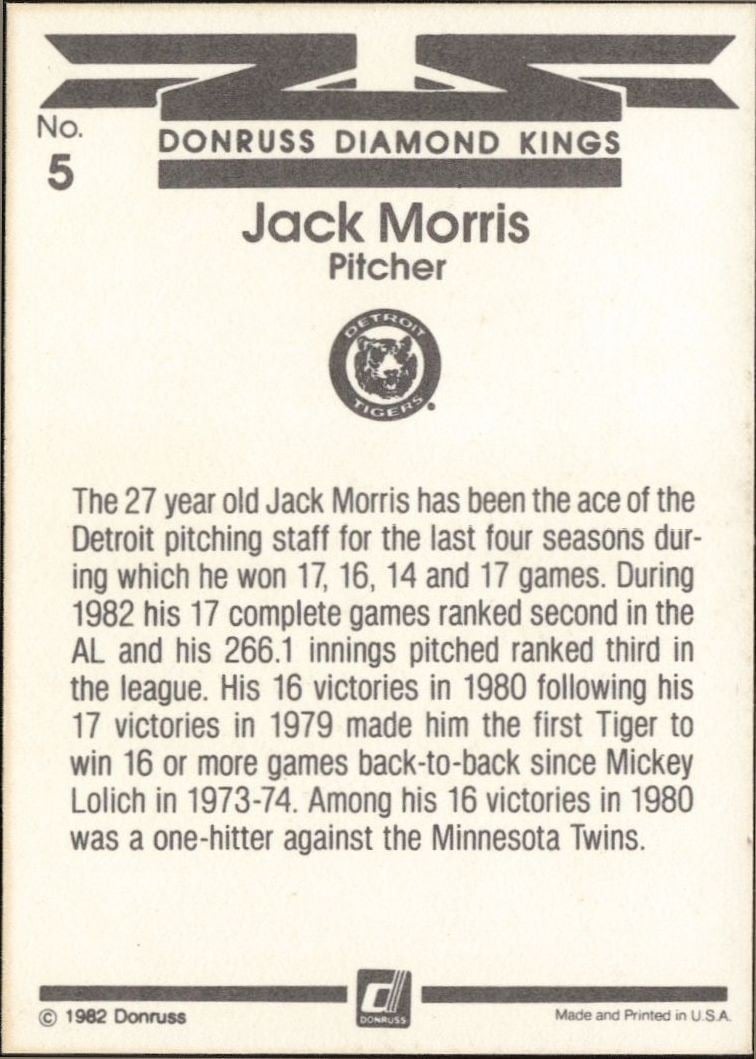 1983 Donruss Jack Morris #5 baseball trading card back