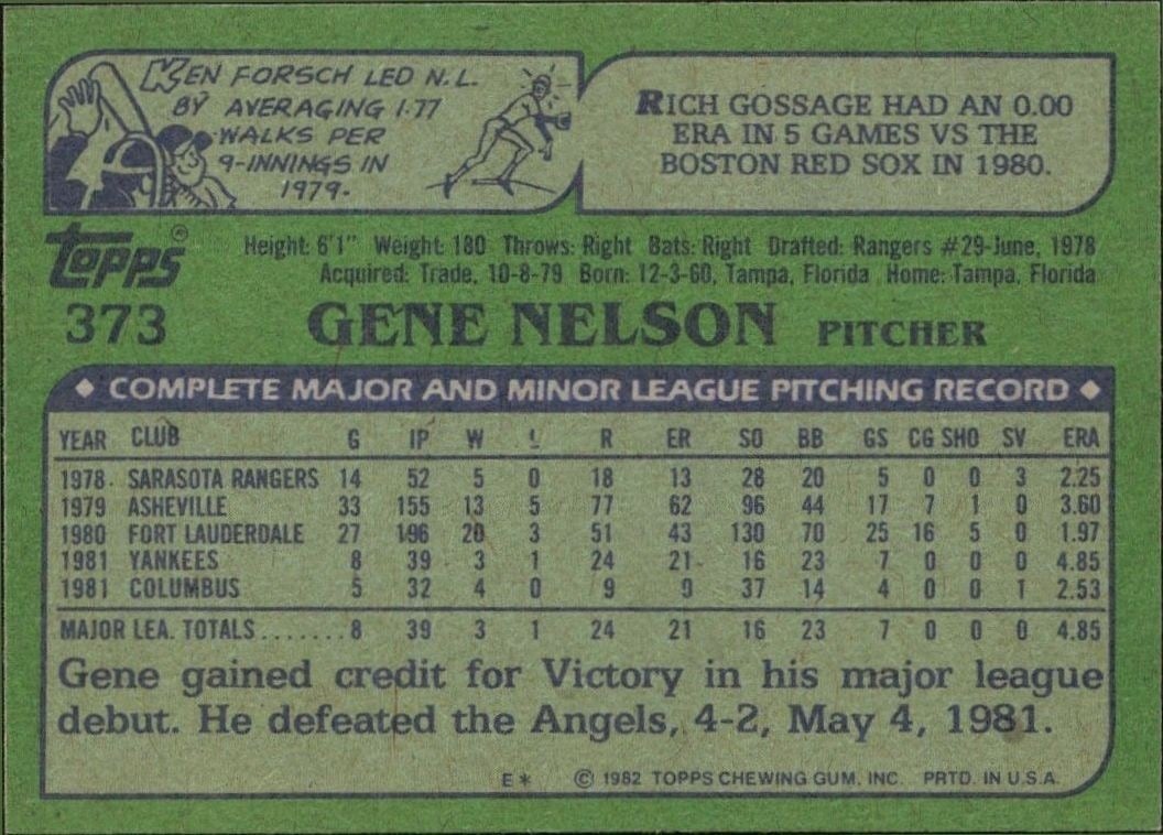 1982 Topps Gene Nelson #373 baseball trading card back