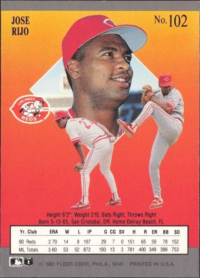 1991 Fleer Ultra Jose Rijo #102 baseball trading card back