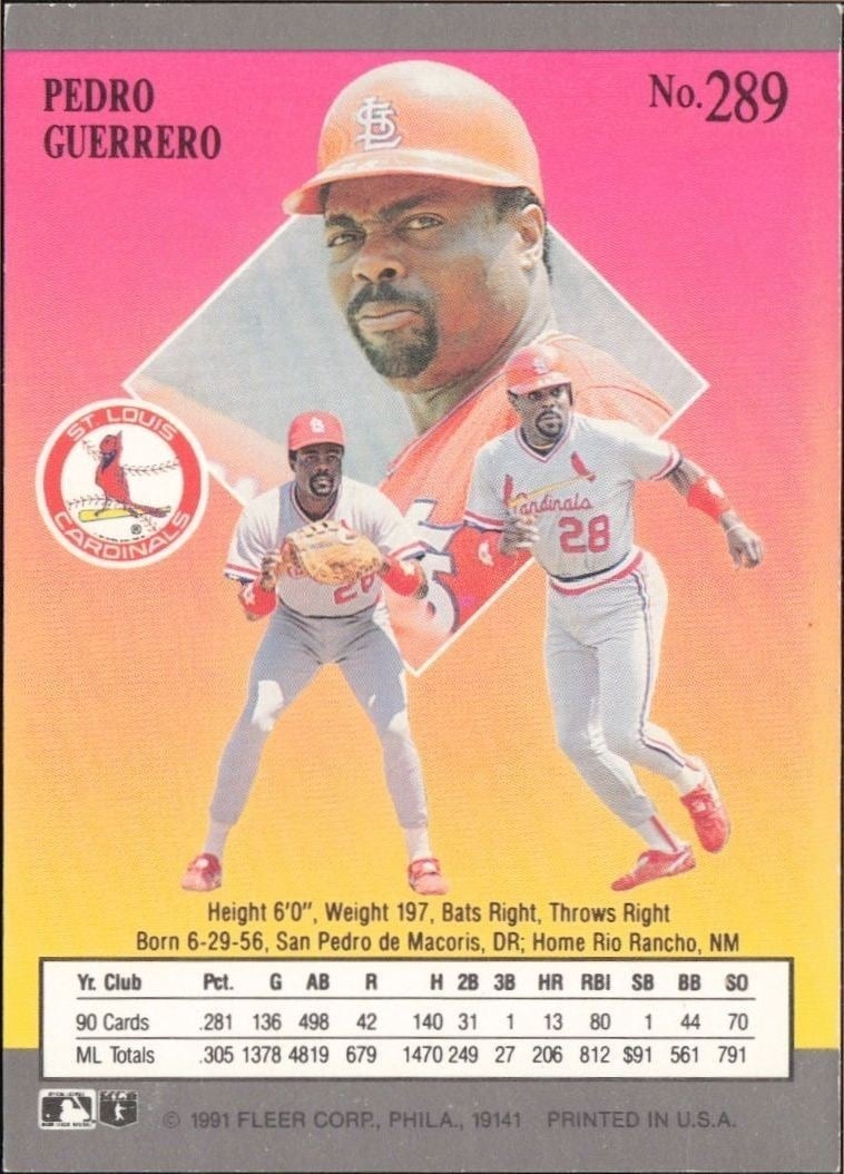 1991 Fleer Ultra Pedro Guerrero #289 baseball trading card back