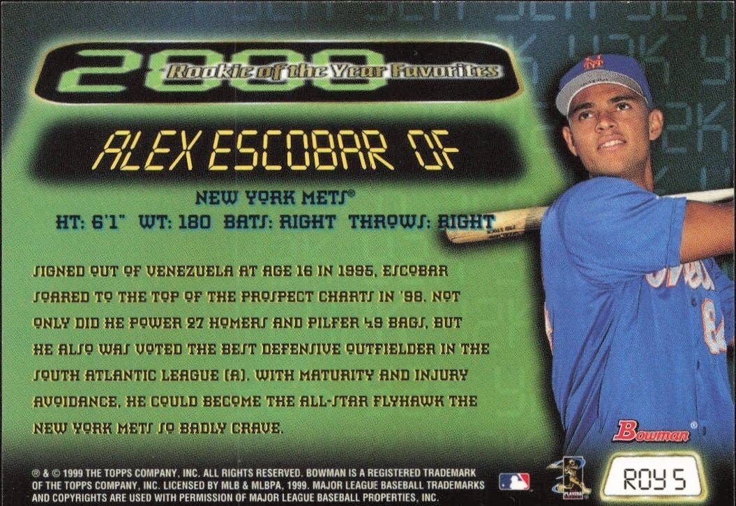 1999 Bowman Alex Escobar #ROY5 baseball trading card back