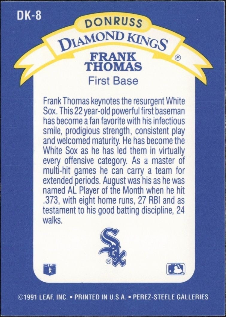 1992 Donruss Frank Thomas #DK-8 baseball trading card back