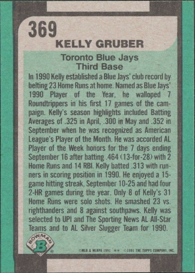 1991 Bowman Kelly Gruber #369 baseball trading card back