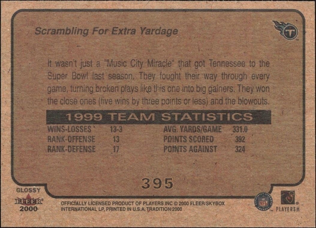 2000 Fleer Tradition Glossy Tennessee Titans #395 football trading card back