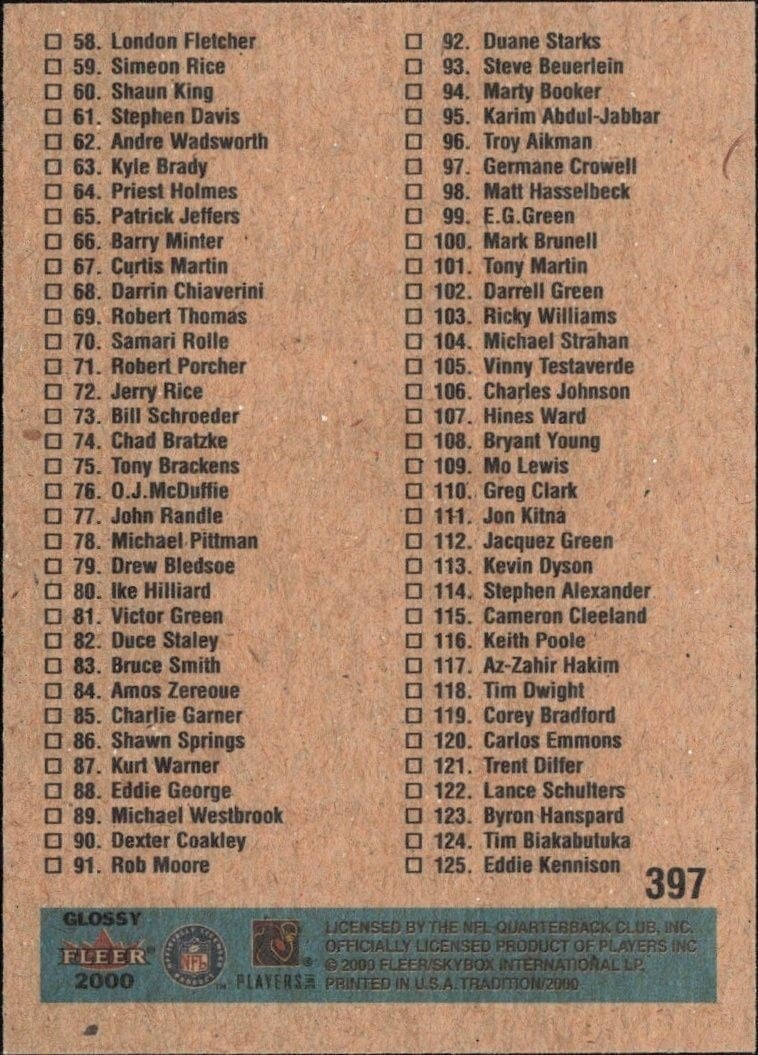 2001 Fleer Tradition Glossy Checklist #NNO football trading card back
