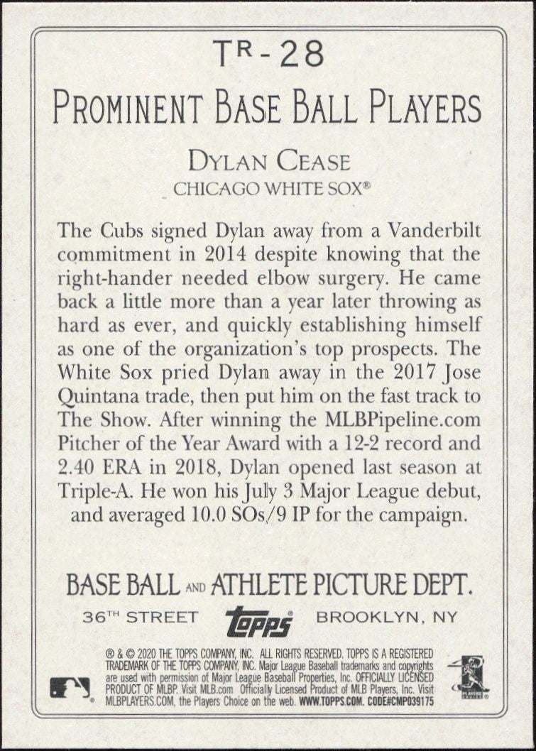 2020 Topps Dylan Cease #TR-28 baseball trading card back