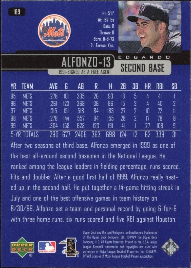 2000 Upper Deck Edgardo Alfonzo #169 baseball trading card back