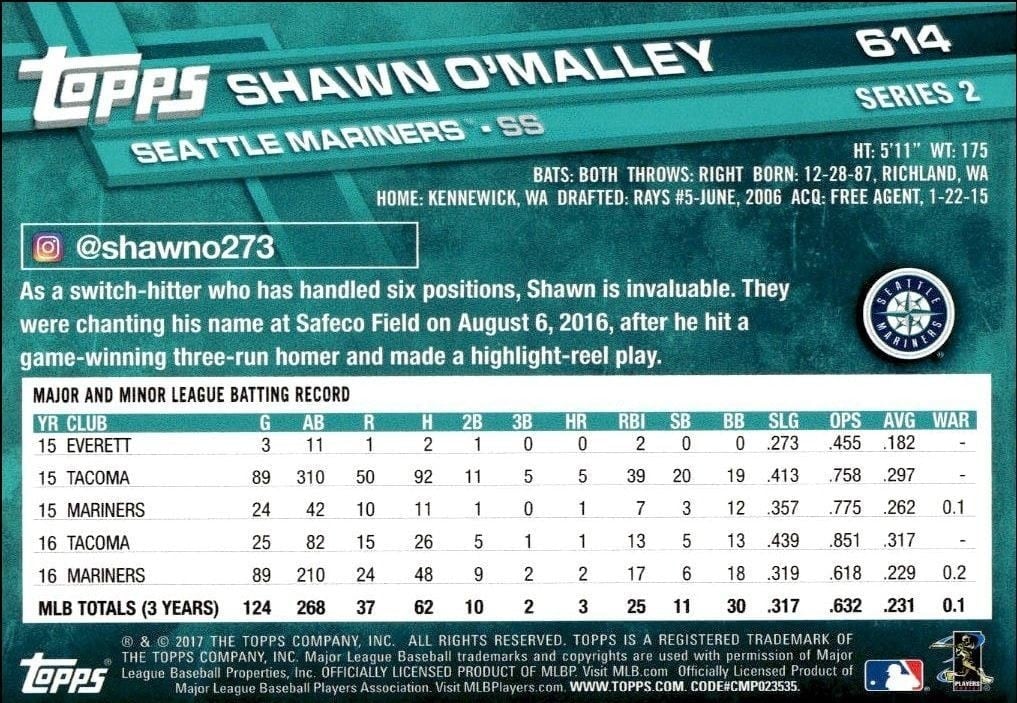 2017 Topps Series 2 Shawn O'Malley #614 baseball trading card back