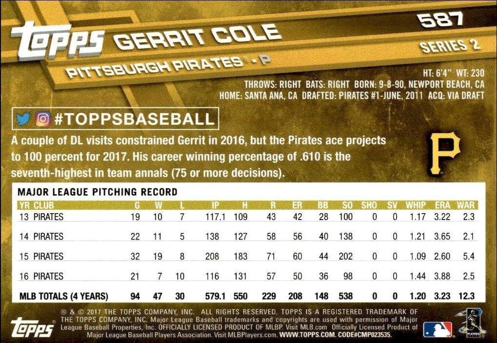 2017 Topps Series 2 Gerrit Cole #587 baseball trading card back
