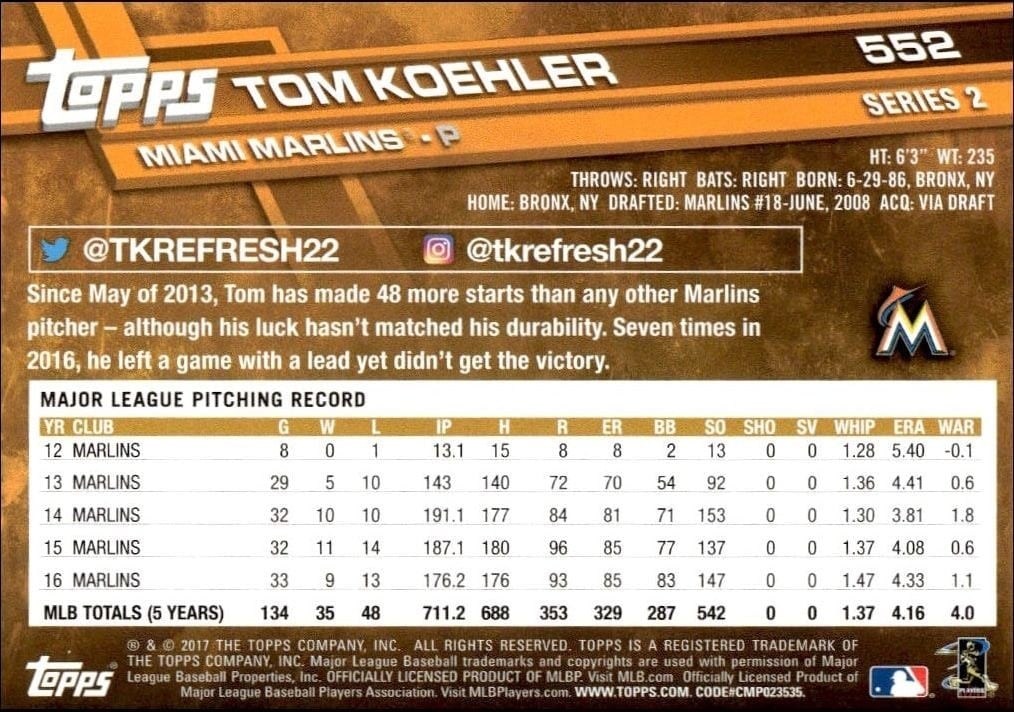 2017 Topps Series 2 Tom Koehler #552 baseball trading card back