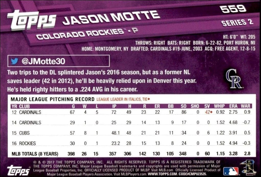 2017 Topps Series 2 Jason Motte #559 baseball trading card back