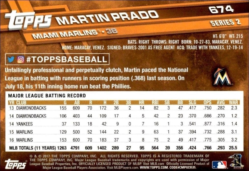 2017 Topps Series 2 Martin Prado #674 baseball trading card back
