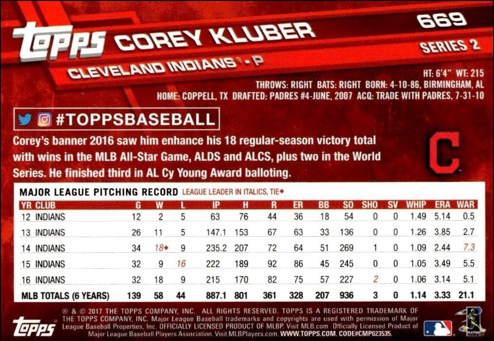 2017 Topps Series 2 Corey Kluber #669 baseball trading card back
