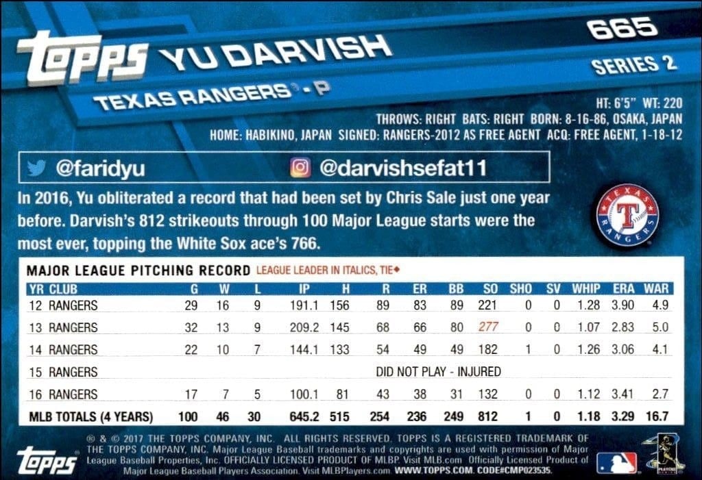 2017 Topps Series 2 Yu Darvish #665 baseball trading card back