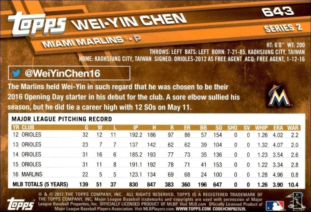 2017 Topps Series 2 Wei-Yin Chen #643 baseball trading card back