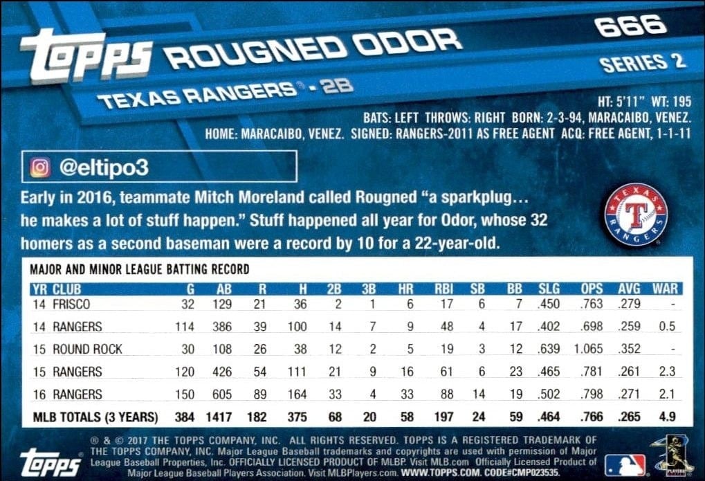 2017 Topps Series 2 Rougned Odor #666 baseball trading card back
