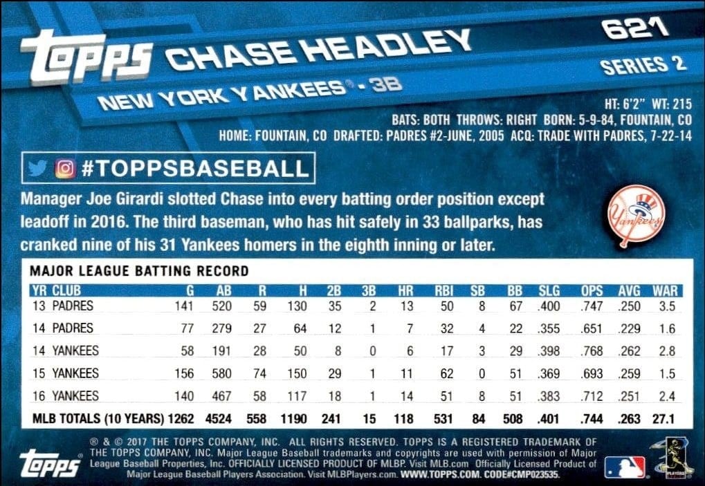 2017 Topps Series 2 Chase Headley #621 baseball trading card back