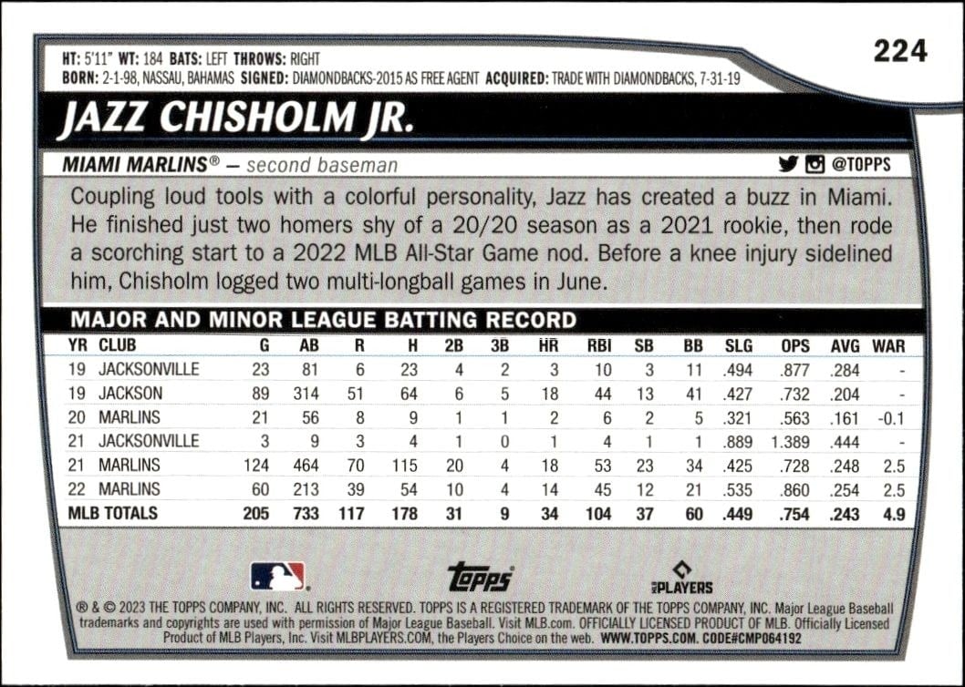 2023 Topps Big League Jazz Chisholm Jr. #224 baseball trading card back