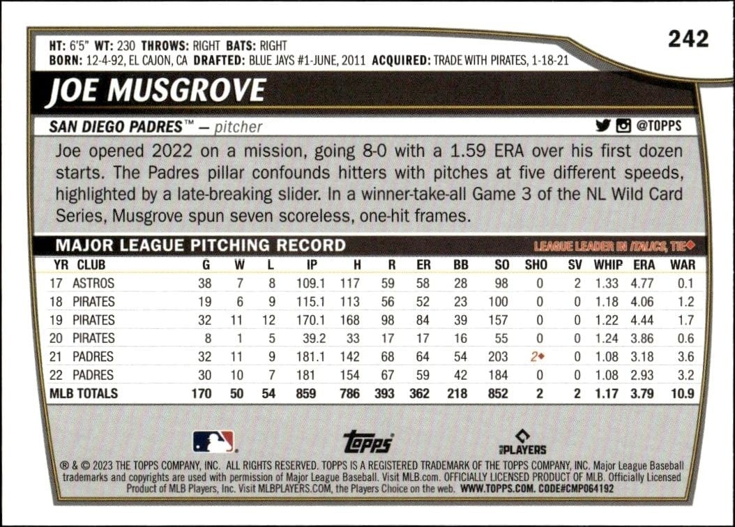 2023 Topps Big League Joe Musgrove #242 baseball trading card back